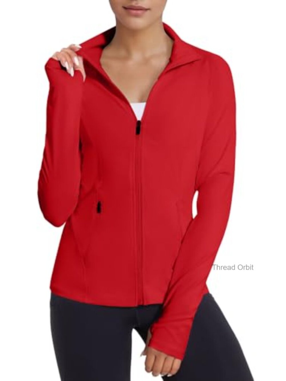 Women Zip Up Athletic Jacket Slim Fit Workout Top Pockets Thumb Holes